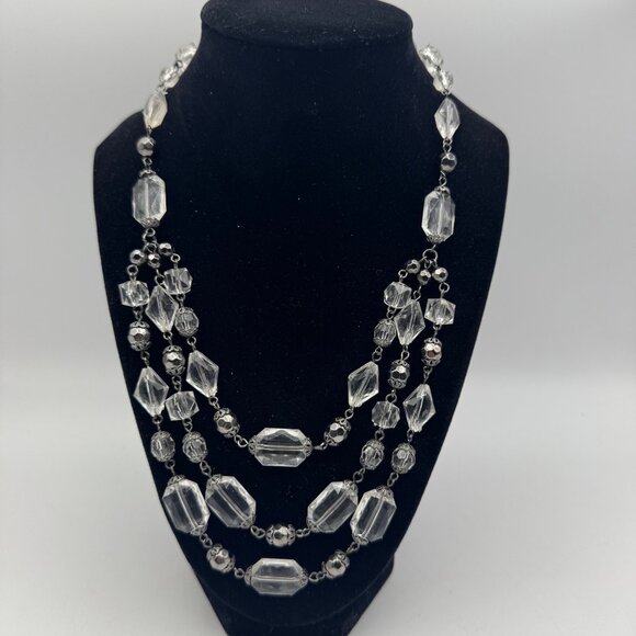 Vintage Multi-Strand Clear Acrylic Bead Necklace With Black Chain Adjustable - Picture 1 of 5